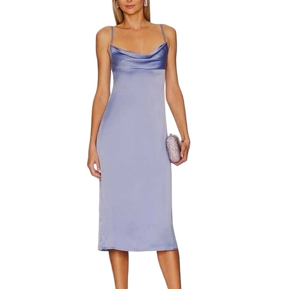 NWT WeWoreWhat REVOLVE Cowl Neck Slate Blue Midi Slip Dress Satin Charmeuse Sz 2
